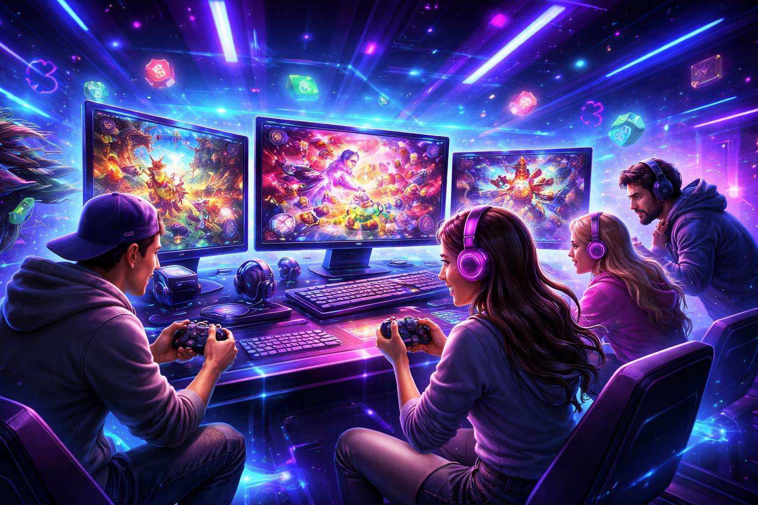 Adegan hiburan digital modern dengan beberapa orang bermain game di depan layar komputer berwarna cerah dan lampu neon di sekitarnya.