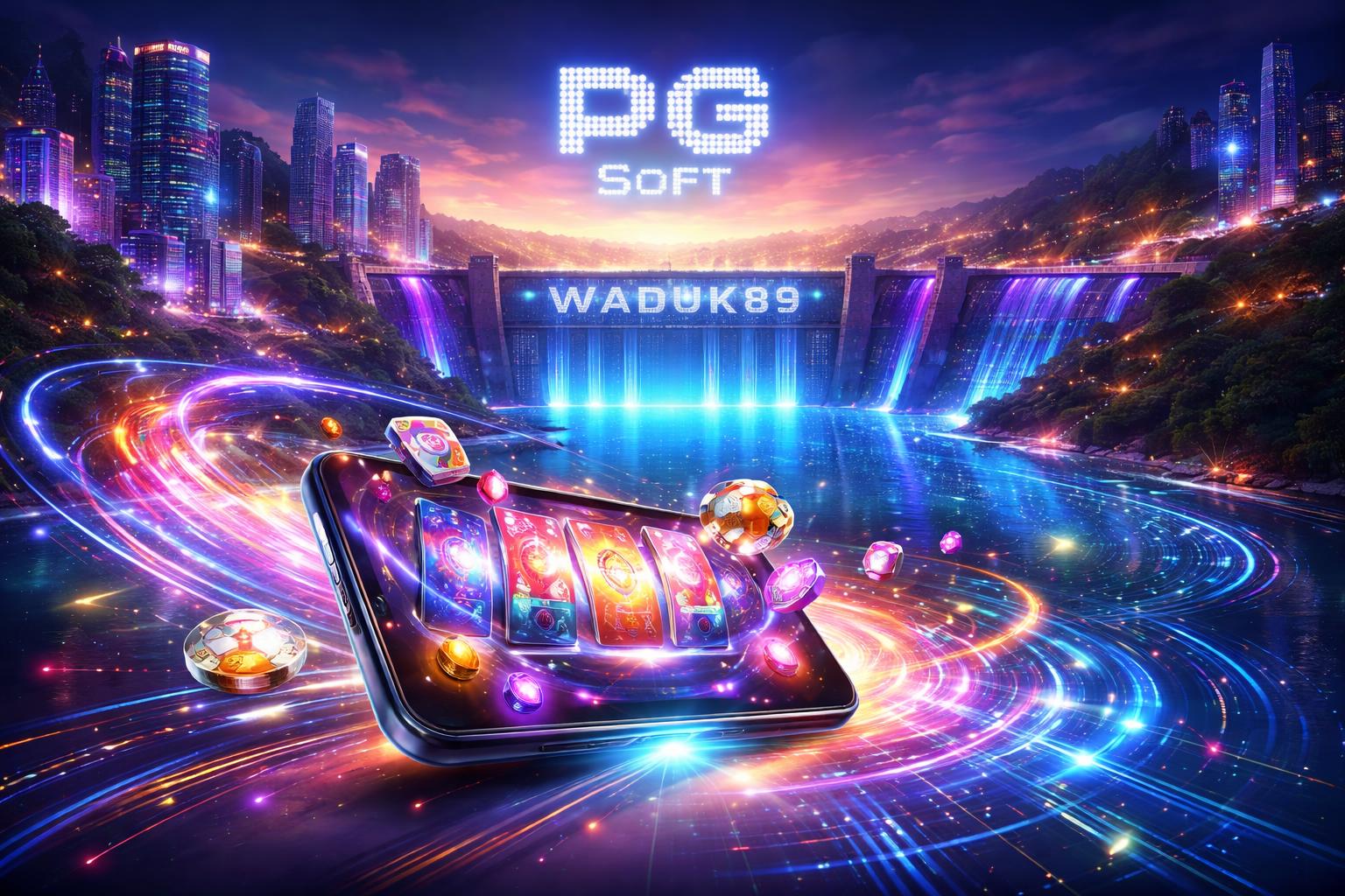 Pemandangan kota digital futuristik dengan perangkat permainan canggih di depan dan bendungan besar di latar belakang, menggambarkan transformasi hiburan digital modern.