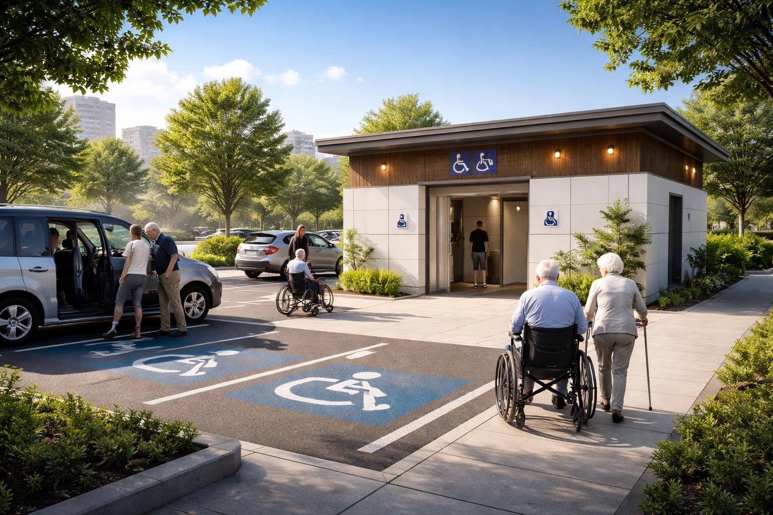 People using accessible parking near a clean public restroom with wide pathways in a bright urban area.