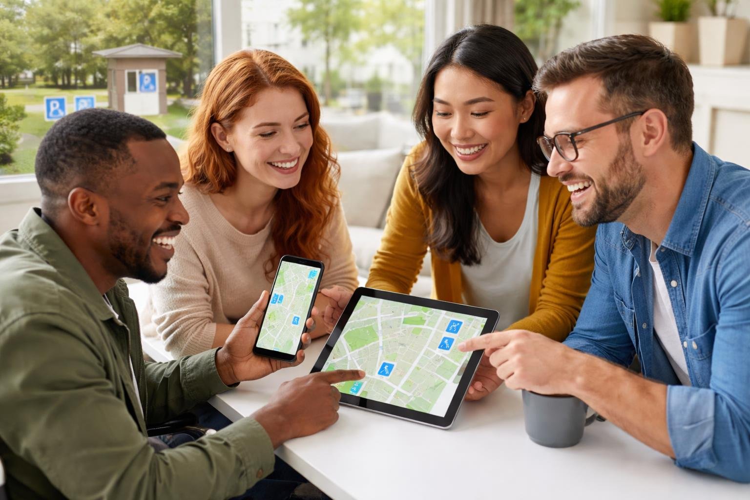 A group of people using digital devices to plan an outing with accessible parking, clean restrooms, and short walking paths, in a bright indoor setting.