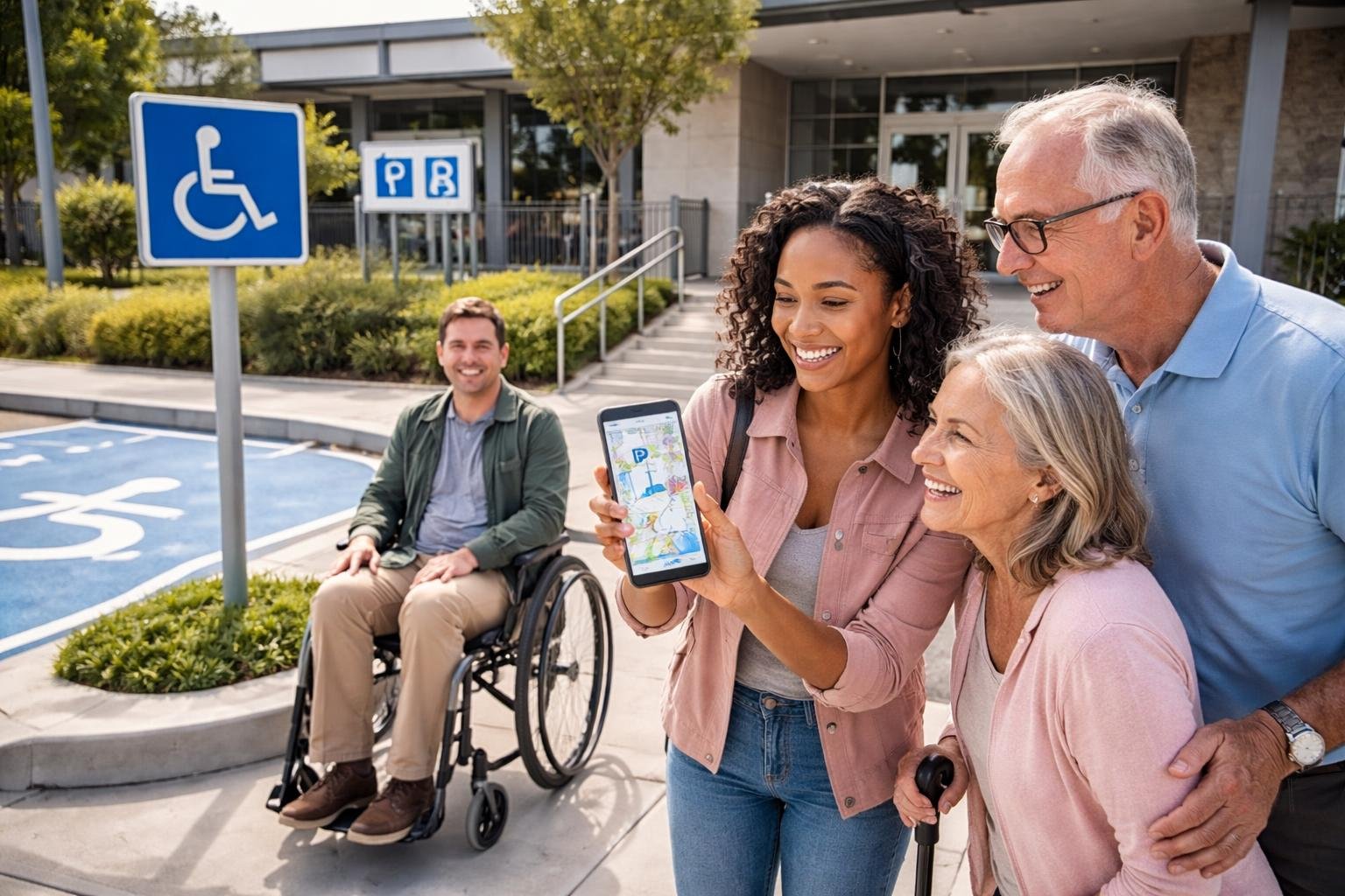 People using a smartphone to find accessible parking and facilities near a public building with ramps and clear signage.