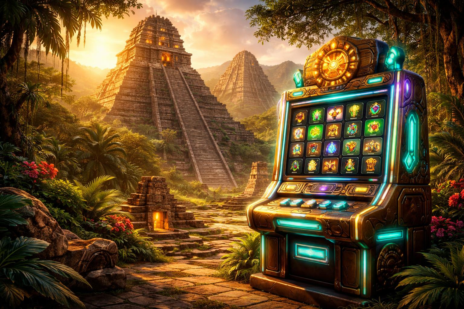Pemandangan kuil Aztec kuno di tengah hutan dengan mesin slot digital modern yang menyala di depannya.
