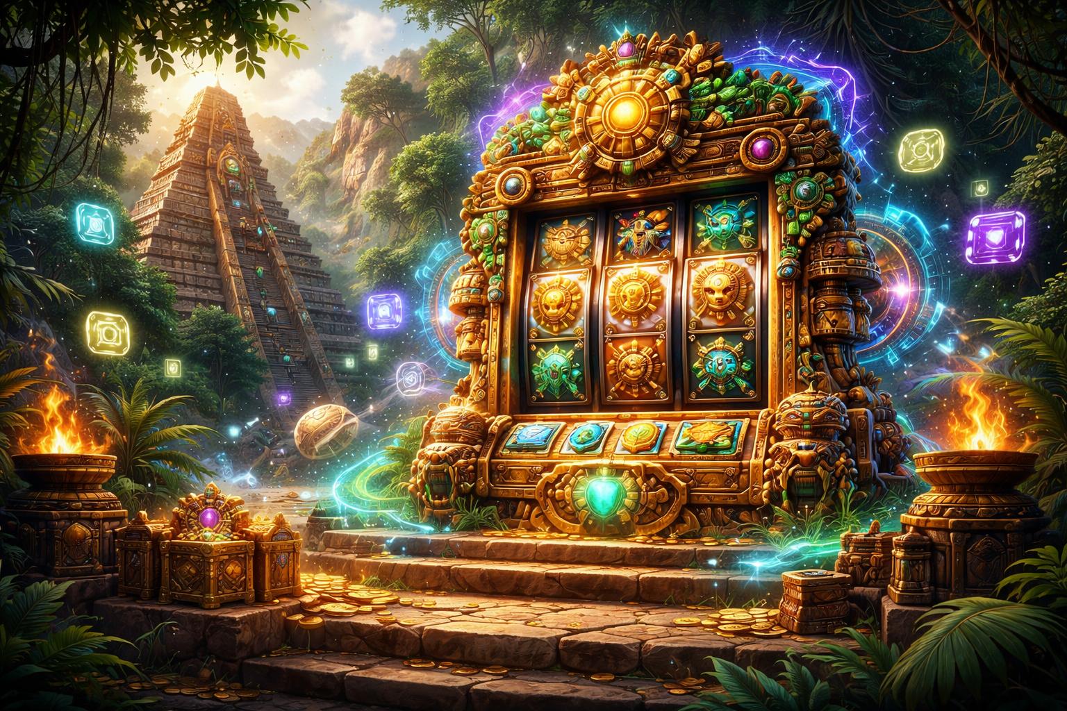 Pemandangan kompleks kuil Aztec kuno di hutan dengan mesin slot bertema Aztec dan elemen digital modern yang menyatu di sekitar kuil.