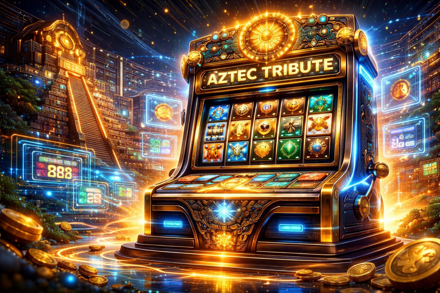 Gambaran mesin slot digital dengan motif Aztek dan latar belakang candi Aztek yang berpadu dengan arsitektur modern, menampilkan perpaduan antara sejarah dan inovasi game digital.
