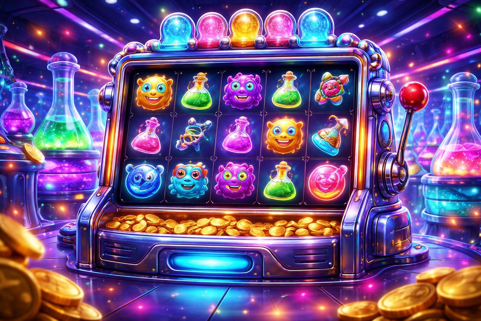 Suasana mesin slot berwarna-warni dengan simbol-simbol lucu dan latar kasino yang meriah penuh lampu neon.