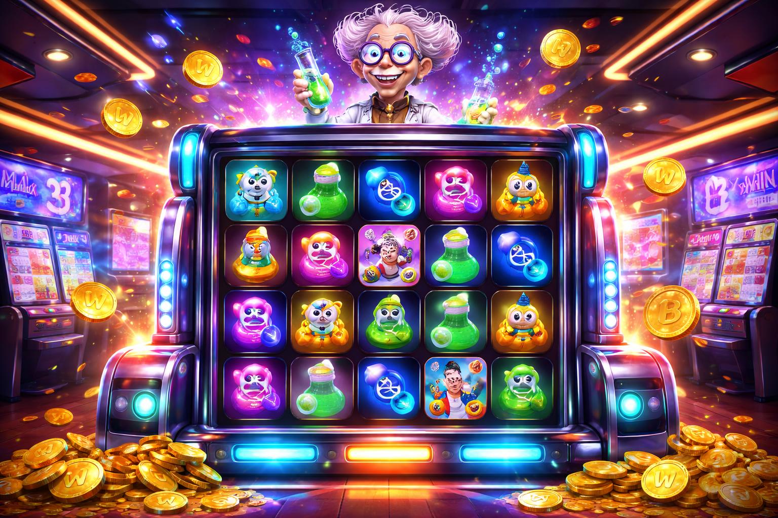 Tampilan mesin slot berwarna-warni dengan karakter dan simbol Dr. Toonz di dalam kasino yang ramai dan cerah, menunjukkan suasana kemenangan besar.