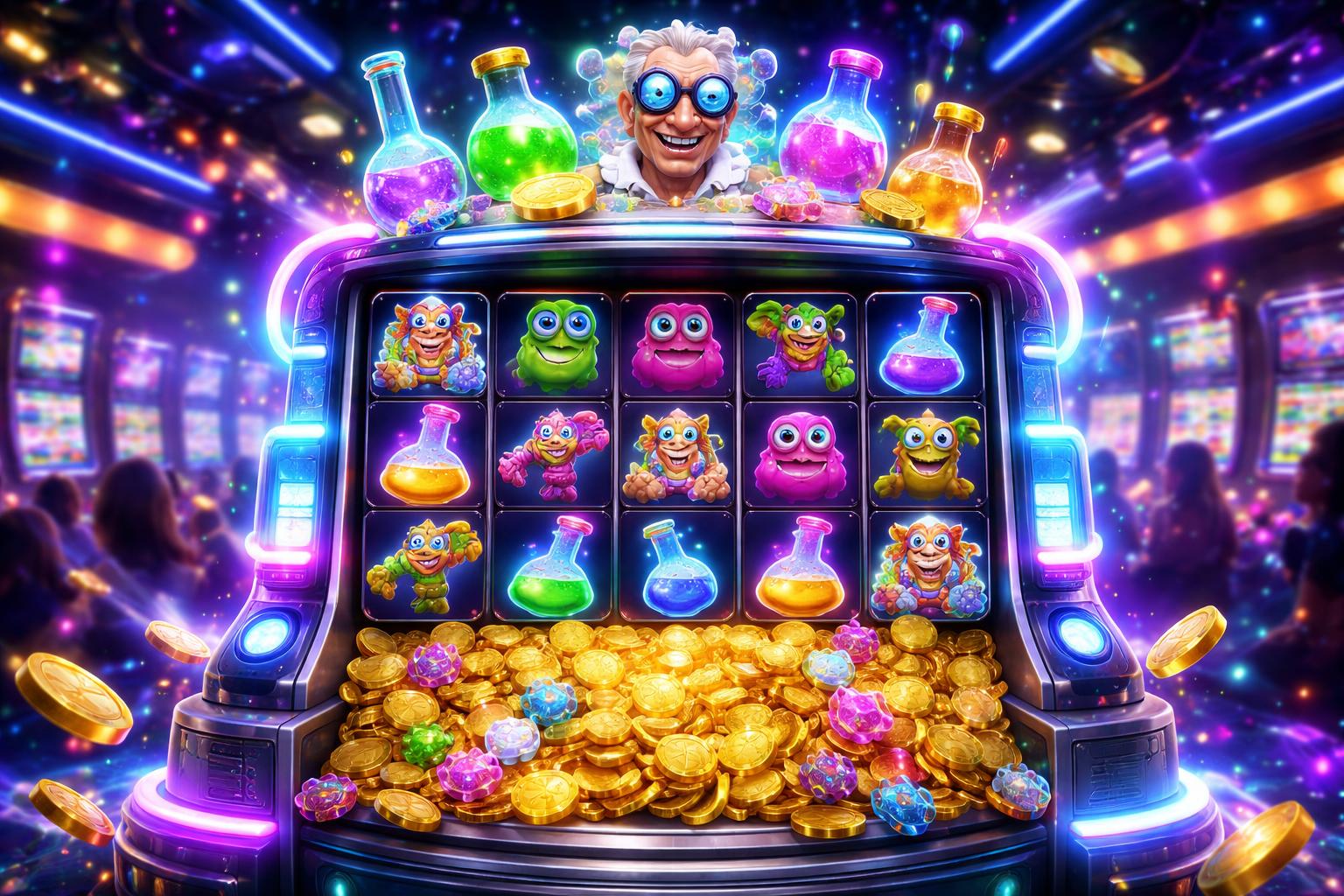 Mesin slot bertema Dr. Toonz dengan karakter ilmuwan gila dan peralatan laboratorium, dikelilingi oleh koin emas dan efek cahaya yang menunjukkan kemenangan besar di dalam kasino yang ramai.