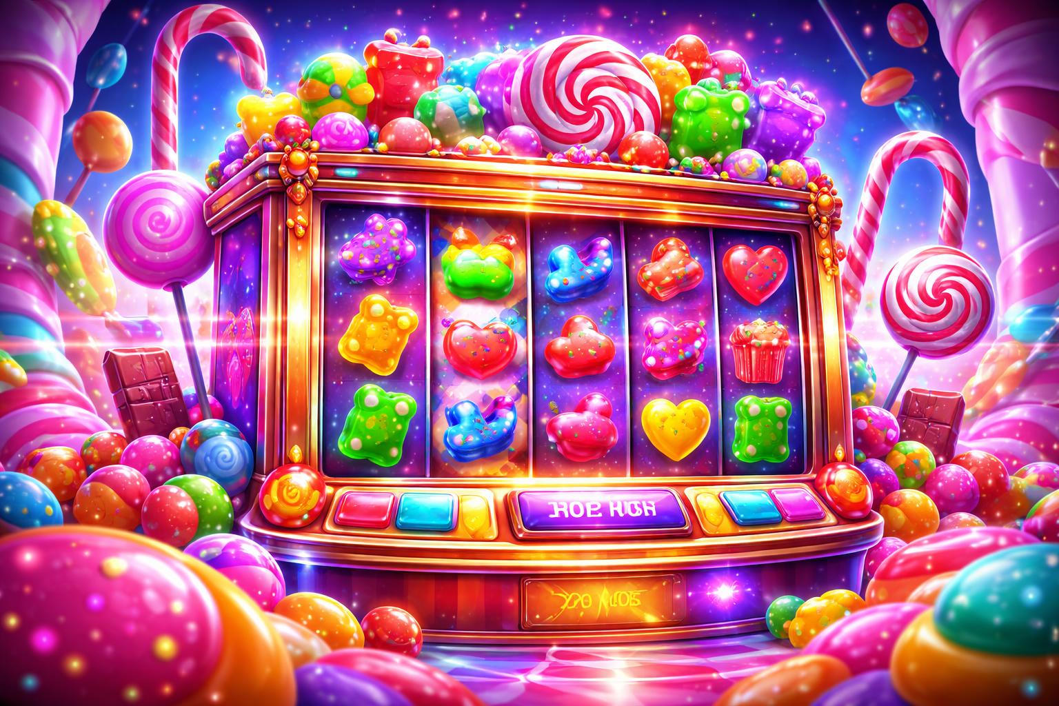 Mesin slot berwarna cerah dengan simbol permen dan latar belakang penuh permen besar dan kristal gula berkilau.