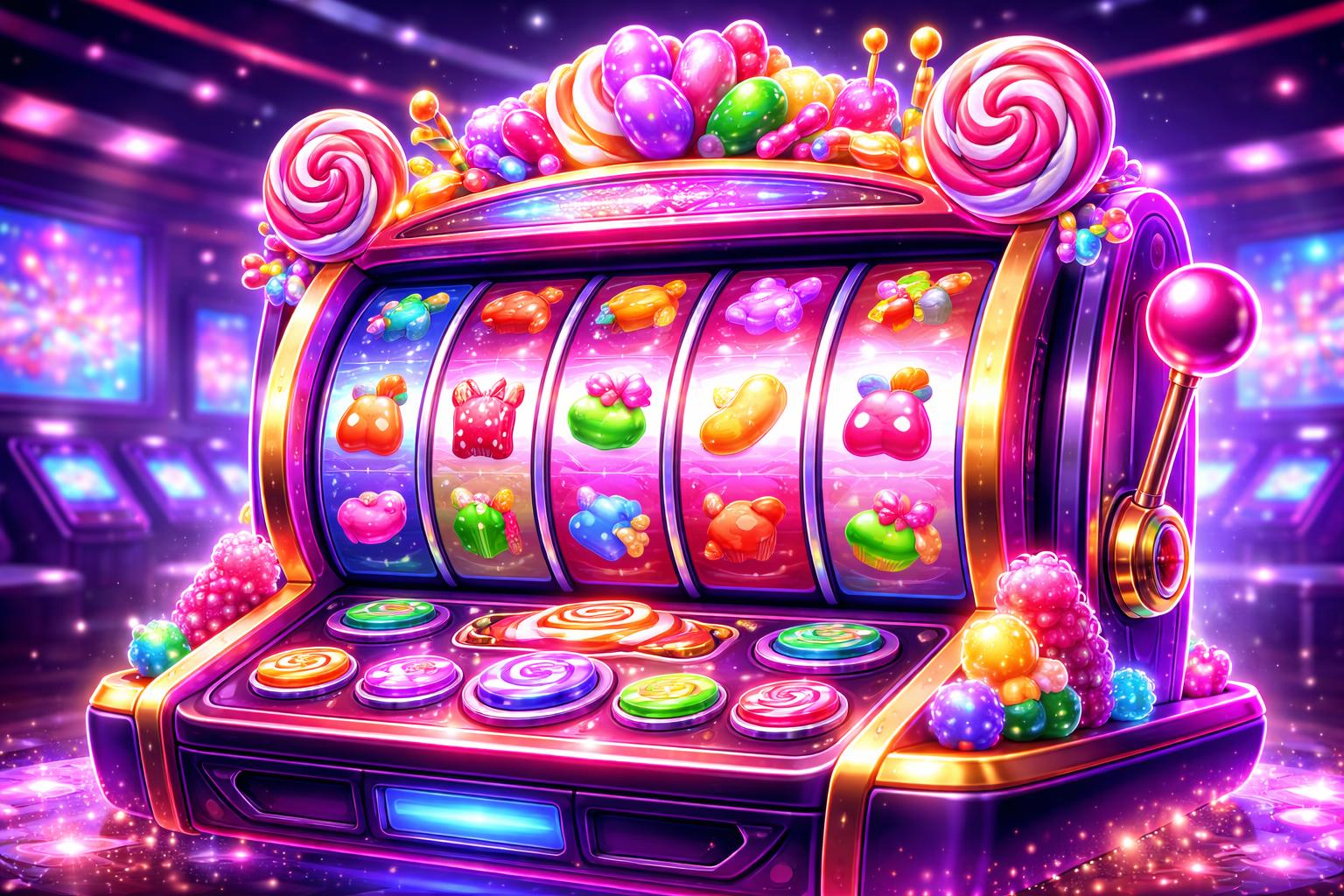 Mesin slot bertema permen berwarna-warni dengan gulungan berputar dan latar belakang kasino modern.