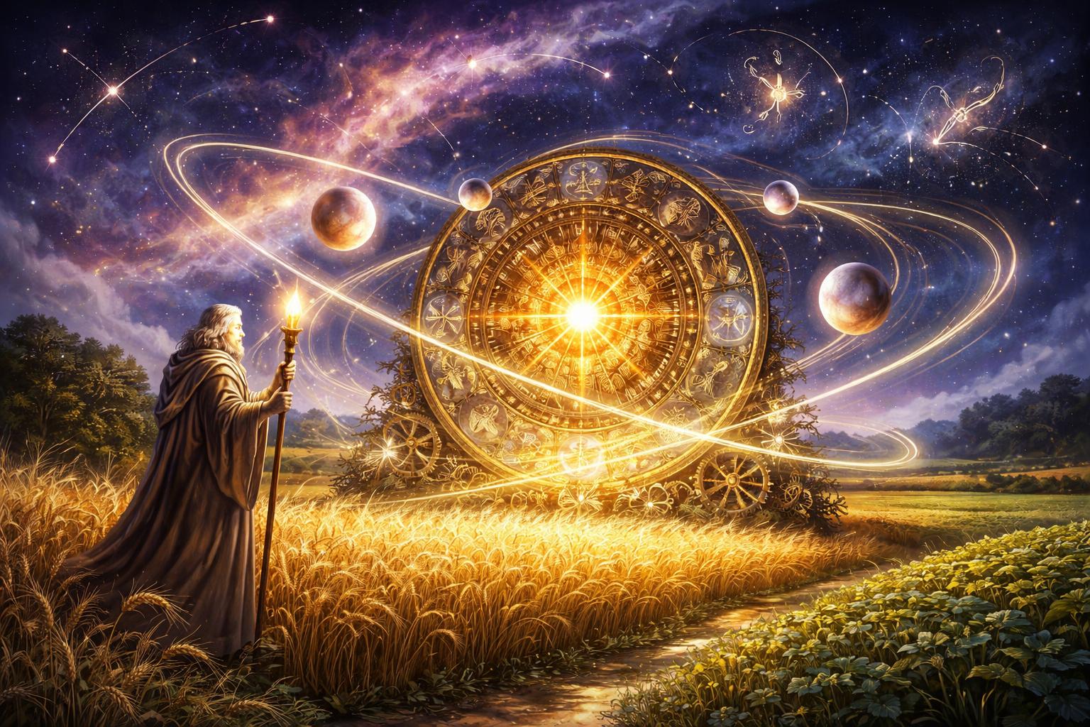 Un enseignant près d'une horloge dorée en forme de roue de moisson, entouré de planètes lumineuses en orbite au-dessus de champs de blé doré et de cultures verdoyantes sous un ciel étoilé.