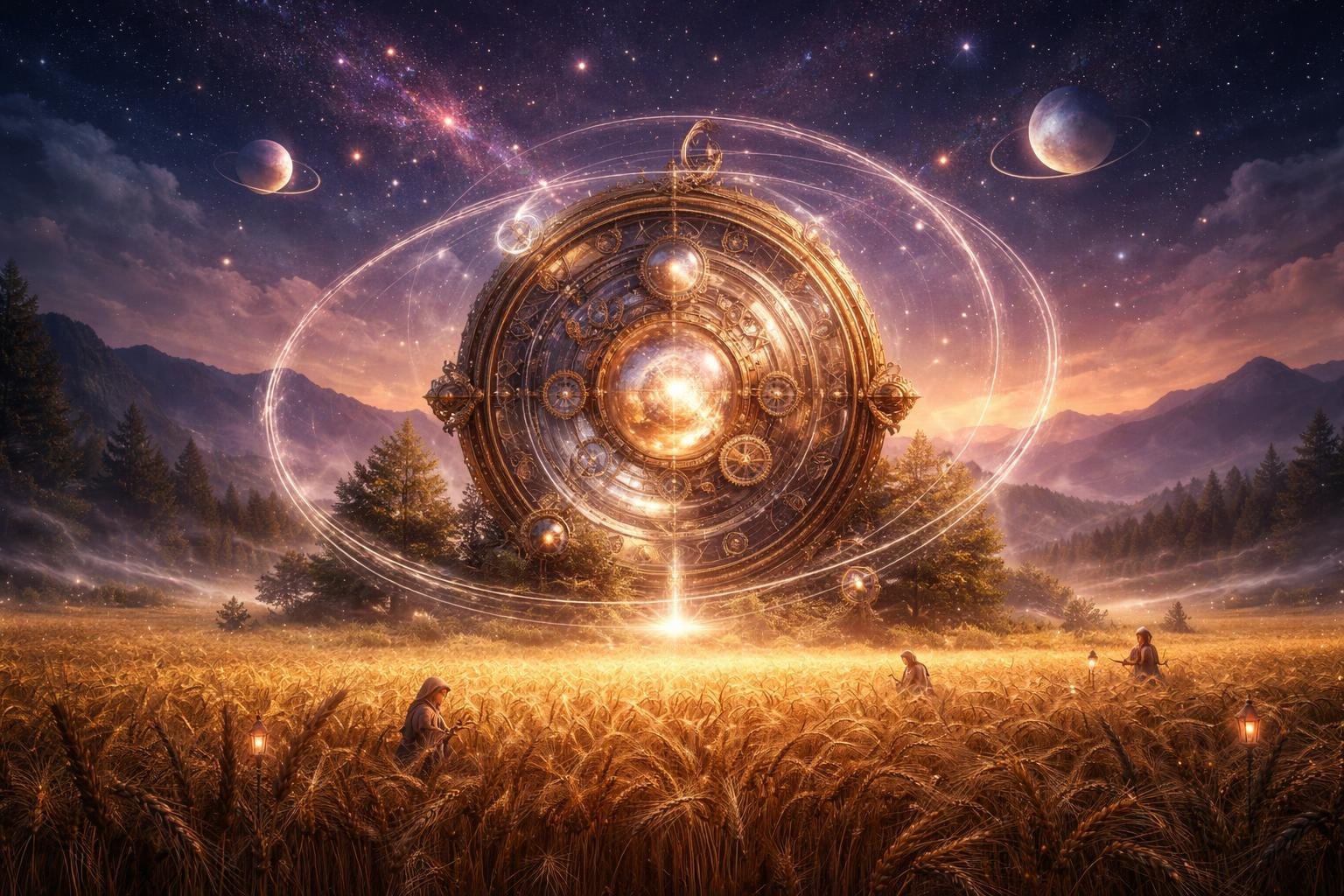 Un vaste champ de blé doré sous un ciel crépusculaire avec une grande horloge céleste au centre entourée d'orbites lumineuses et de montagnes lointaines sous un ciel étoilé.