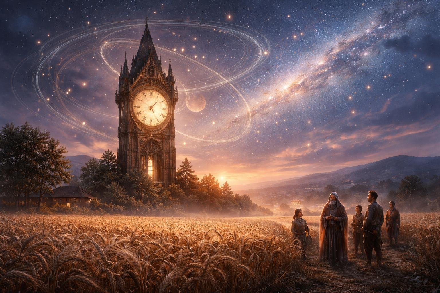 Un paysage rural au crépuscule avec une ancienne horloge entourée de champs de blé, des orbites planétaires lumineuses dans le ciel et des silhouettes de personnes observant l'horloge.