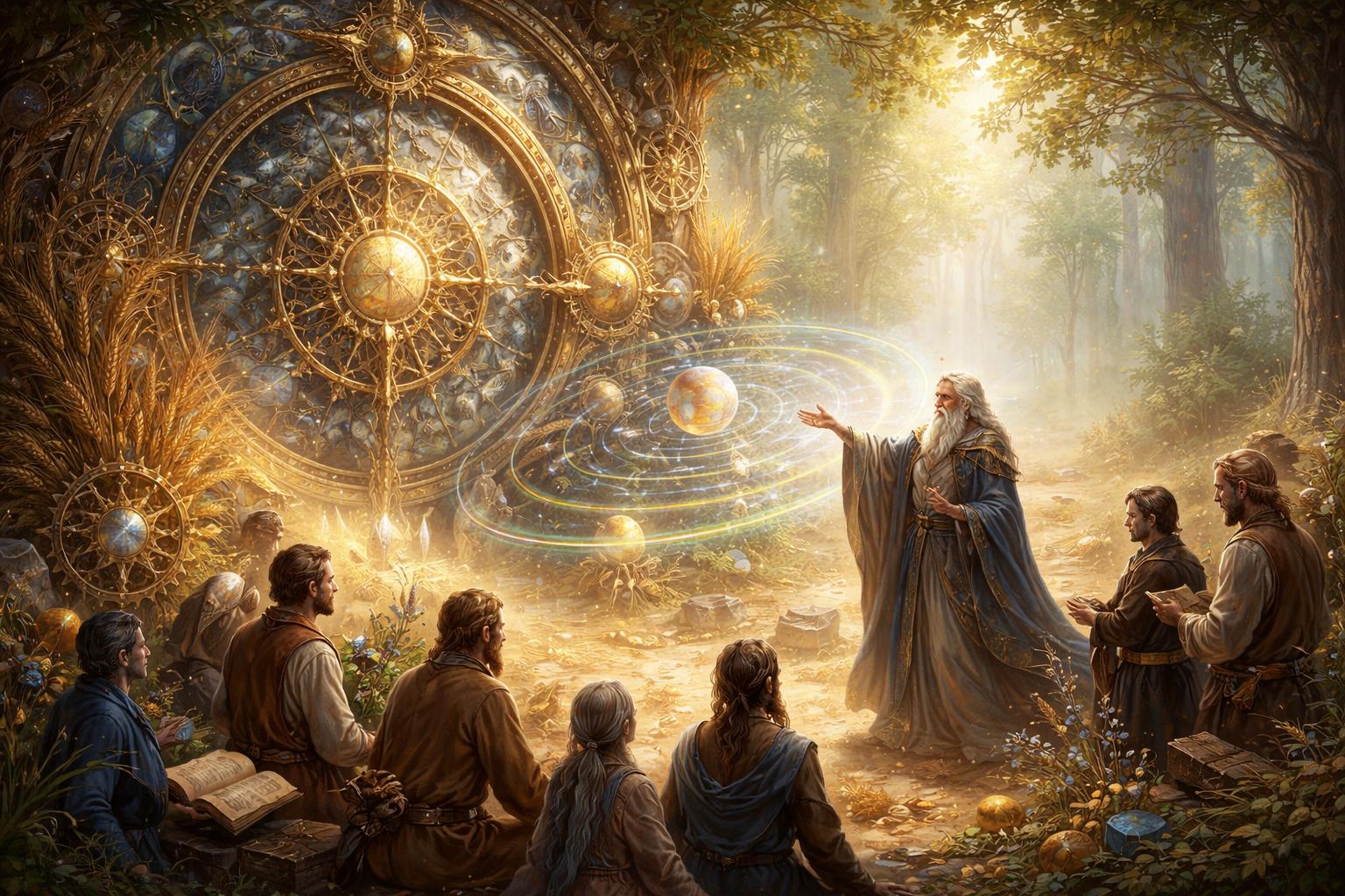 Une scène montrant un enseignant entouré d'élèves devant une grande horloge ornée de motifs célestes, dans un paysage naturel et lumineux symbolisant la transmission du savoir entre générations.