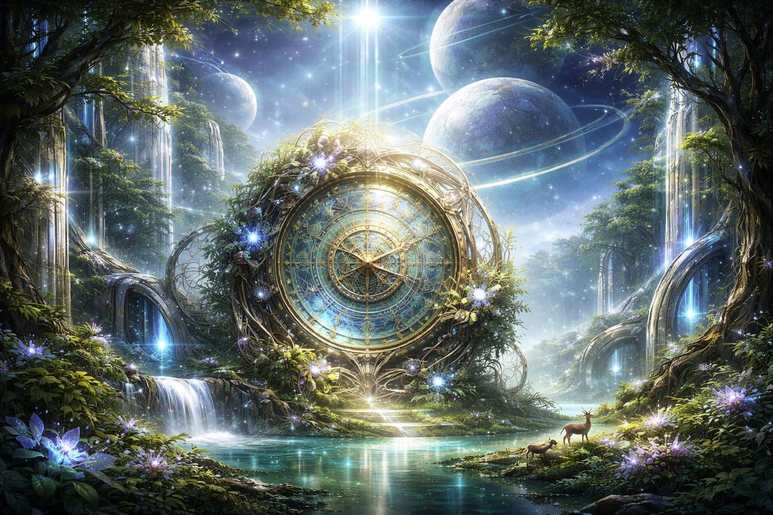 Une grande horloge complexe intégrée dans un paysage où la nature luxuriante et des éléments technologiques brillants coexistent sous un ciel étoilé avec des planètes visibles.