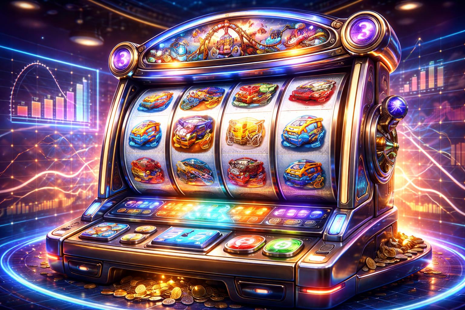 Gambaran mesin slot bertema roller coaster dengan simbol warna-warni dan elemen grafik yang menunjukkan pola permainan dan respons pemain.