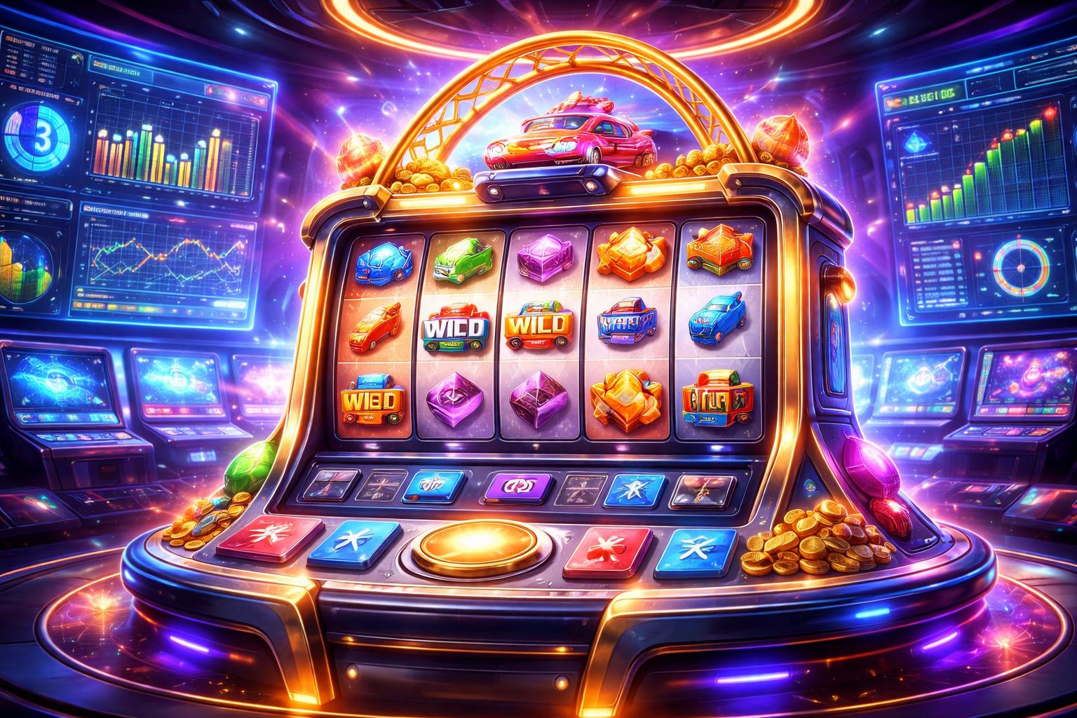 Gambaran mesin slot dengan tema roller coaster di dalam ruang permainan futuristik dengan layar digital yang menampilkan grafik dan statistik permainan.