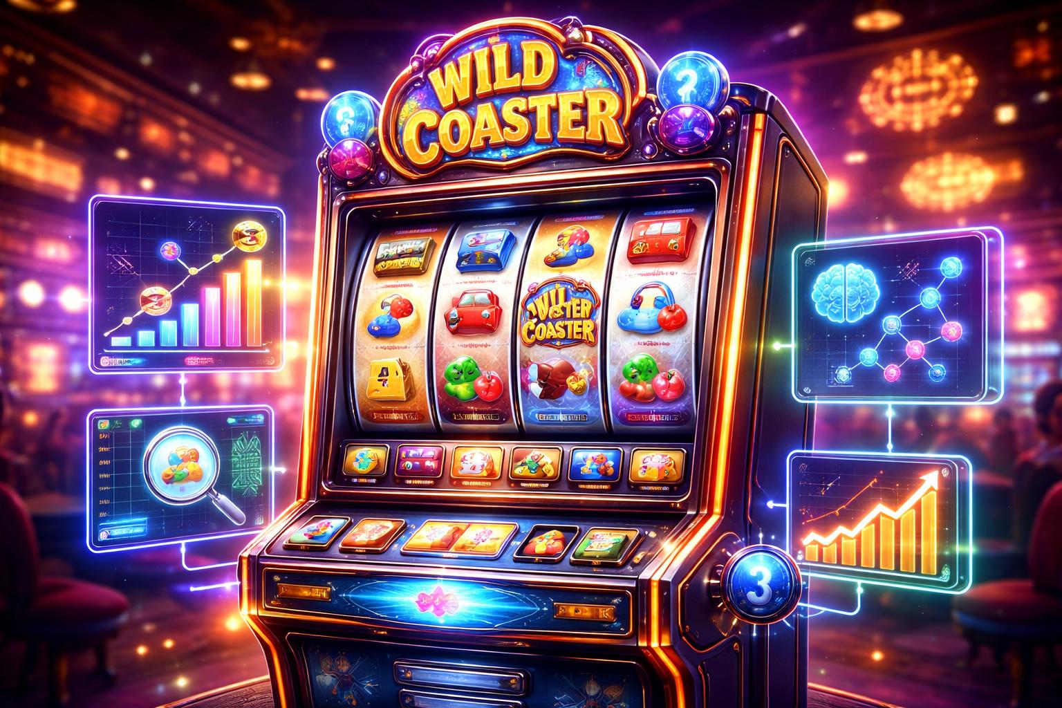 Mesin slot Wild Coaster berwarna-warni dengan simbol roller coaster dan ikon wild, dikelilingi elemen grafis yang menunjukkan pola permainan dan respons pemain di dalam suasana kasino yang hidup.
