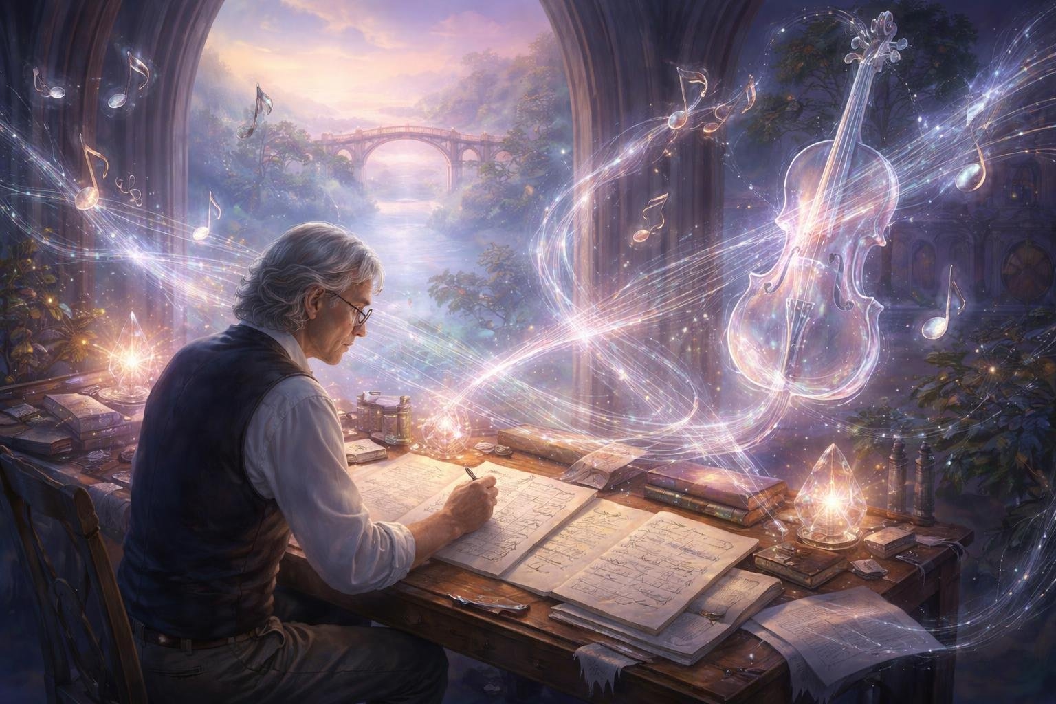 Un physicien étudie des vibrations musicales entouré de notes lumineuses et de ponts flottants dans un paysage brumeux.