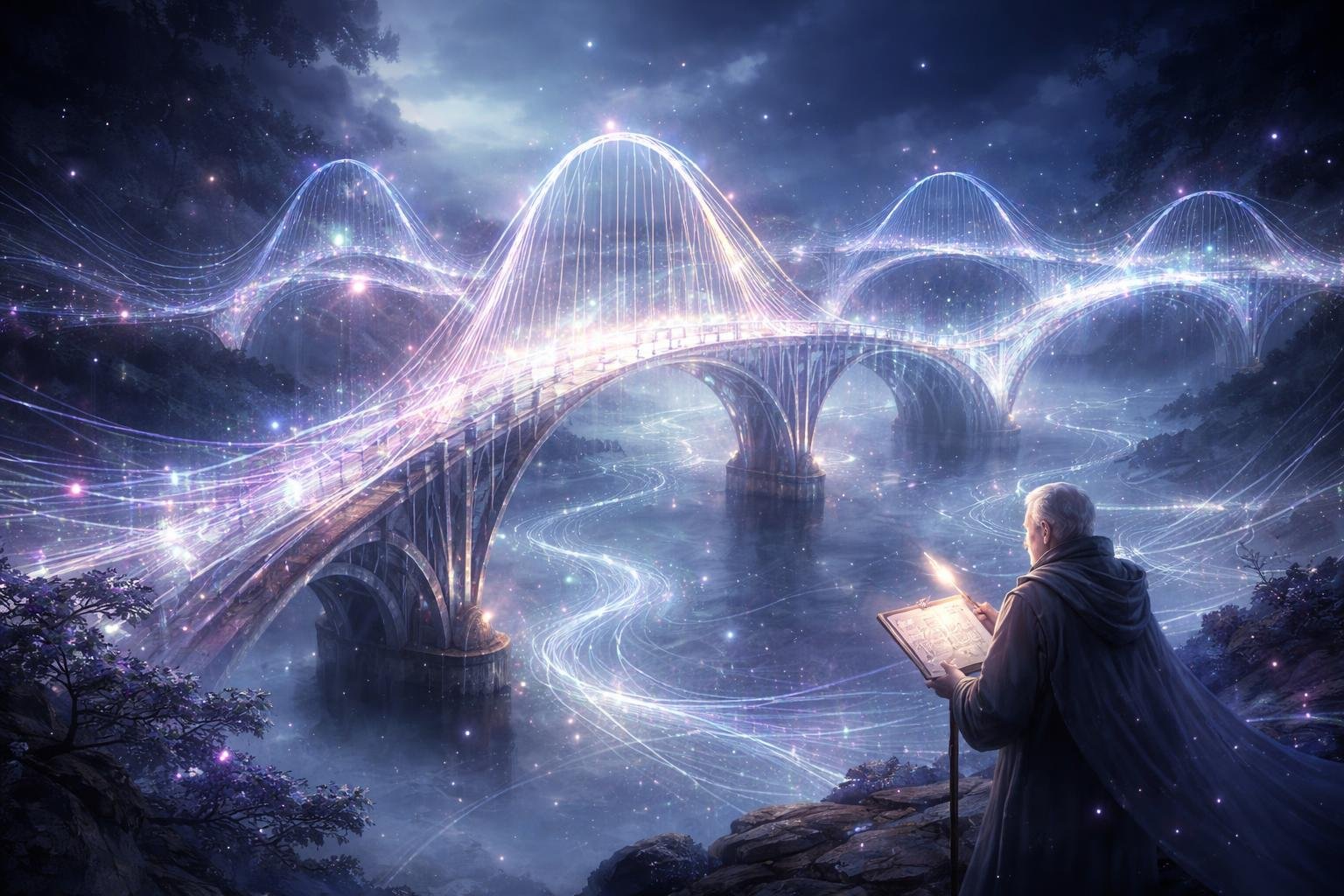 Un physicien observe des ponts lumineux qui vibrent au-dessus d'un paysage brumeux, avec des ondes lumineuses flottant dans l'air.