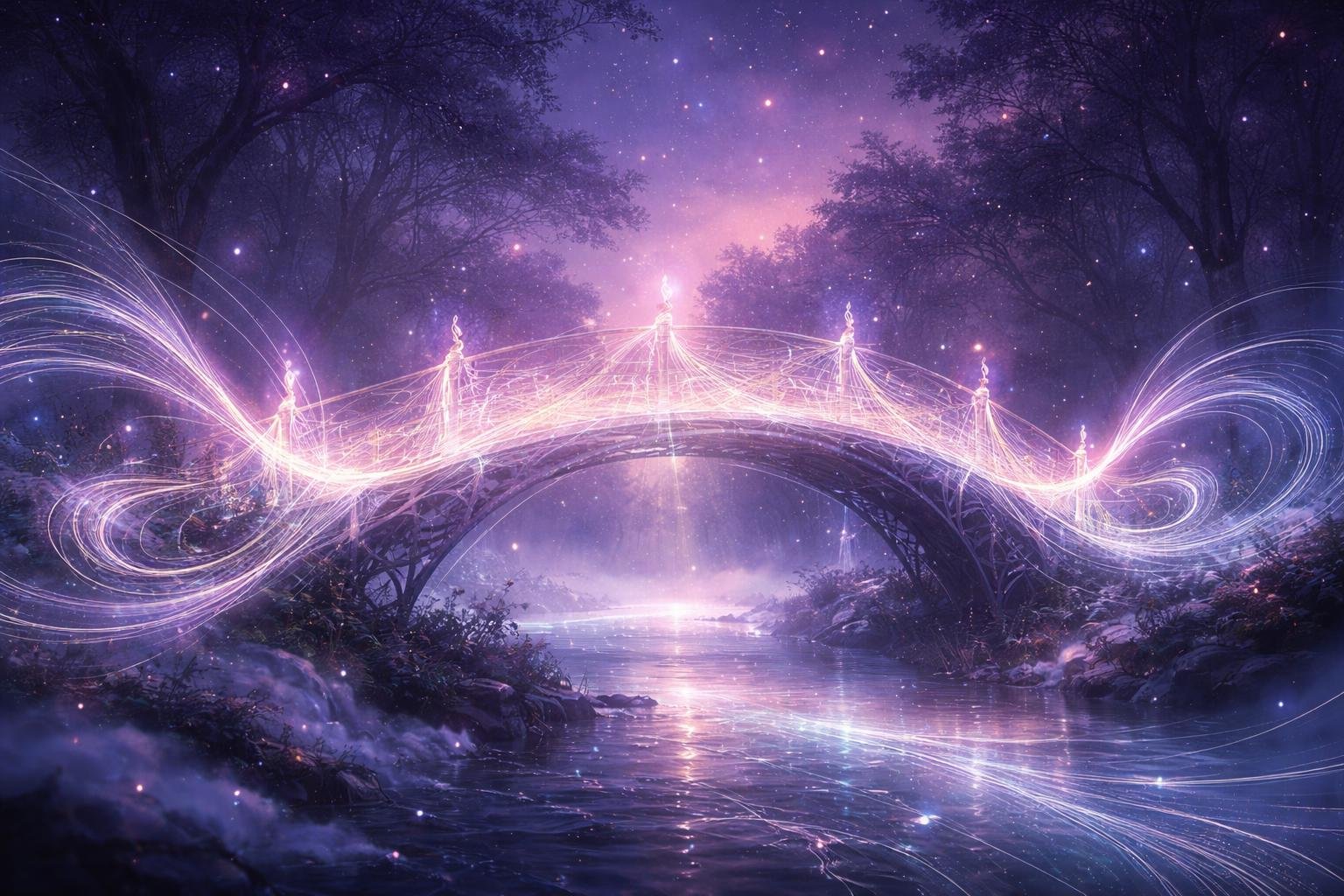 Un pont lumineux et délicat suspendu au-dessus d'une rivière embrumée, entouré de vagues de lumière ondulantes et de silhouettes d'arbres dans un paysage crépusculaire.
