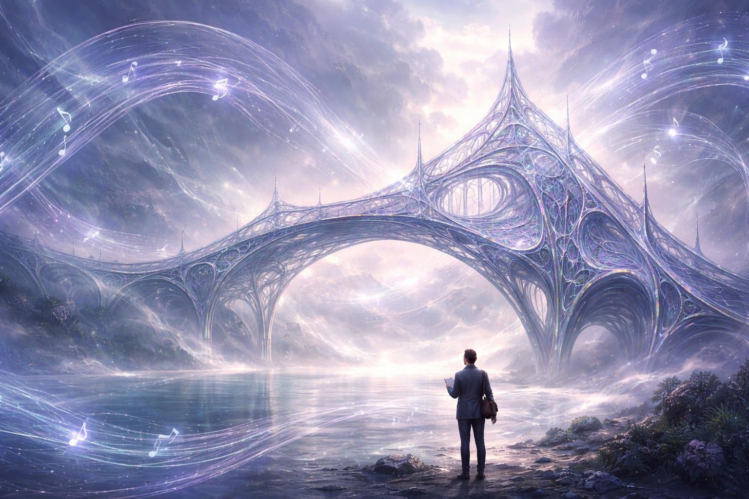Un pont flottant et complexe dans un paysage brumeux avec un physicien observant les vibrations dans l'air.