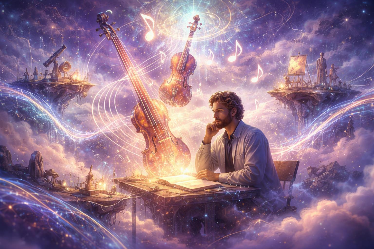 Un physicien entouré de notes de violon lumineuses et de ponts abstraits faits de lumière, dans un paysage onirique symbolisant la connexion entre la science et l'art.