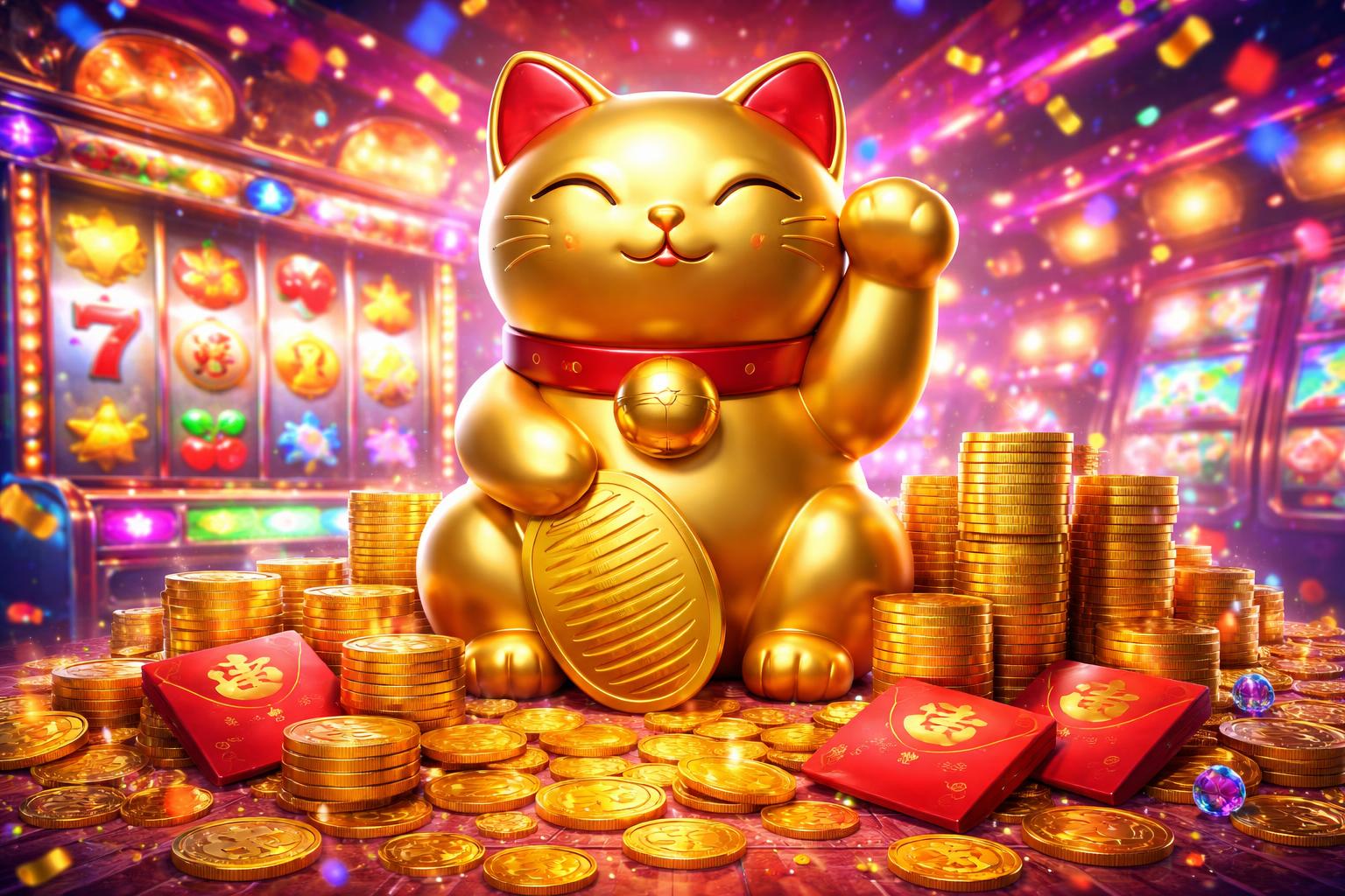 Adegan permainan mesin slot dengan patung kucing keberuntungan emas, tumpukan koin emas, amplop merah, dan latar kasino yang meriah.