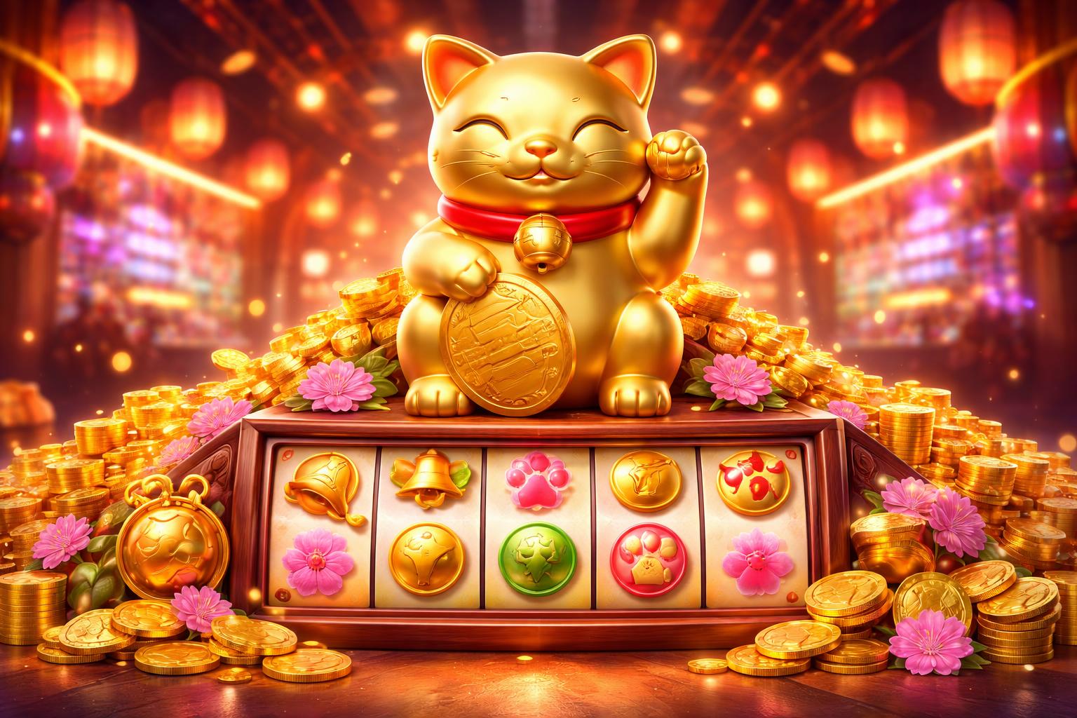 Adegan permainan slot Lucky Neko dengan patung kucing keberuntungan emas di tengah, dikelilingi oleh gulungan mesin slot dan koin emas di latar kasino yang berwarna-warni.