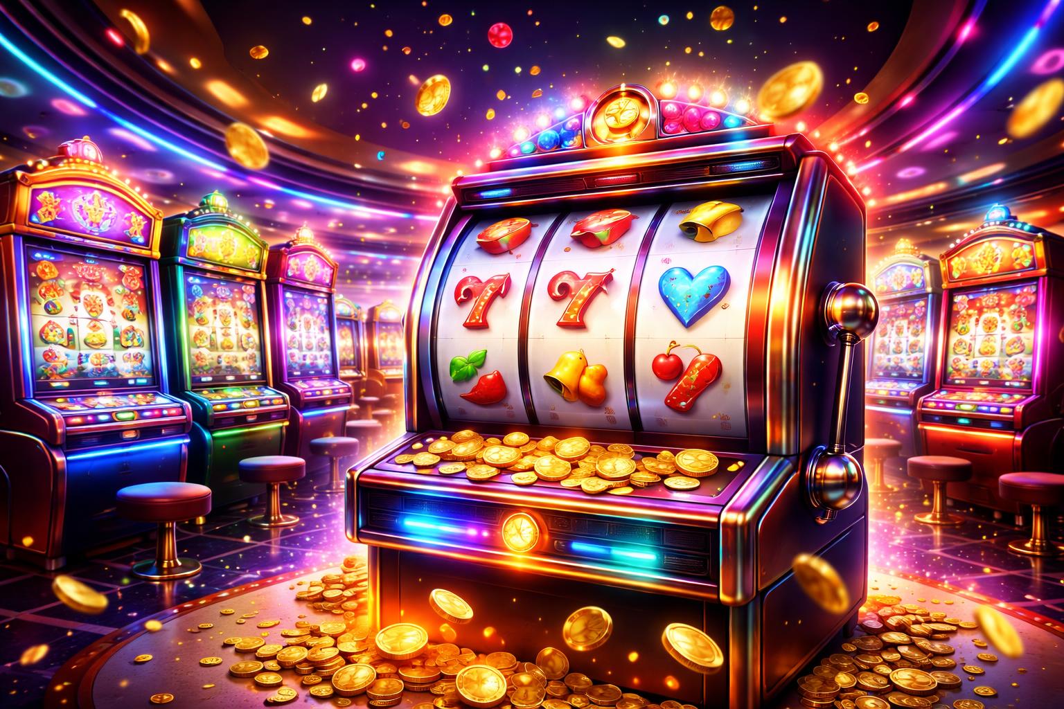 Suasana area mesin slot di kasino dengan mesin slot berwarna-warni yang sedang berputar dan koin berjatuhan di sekitarnya.