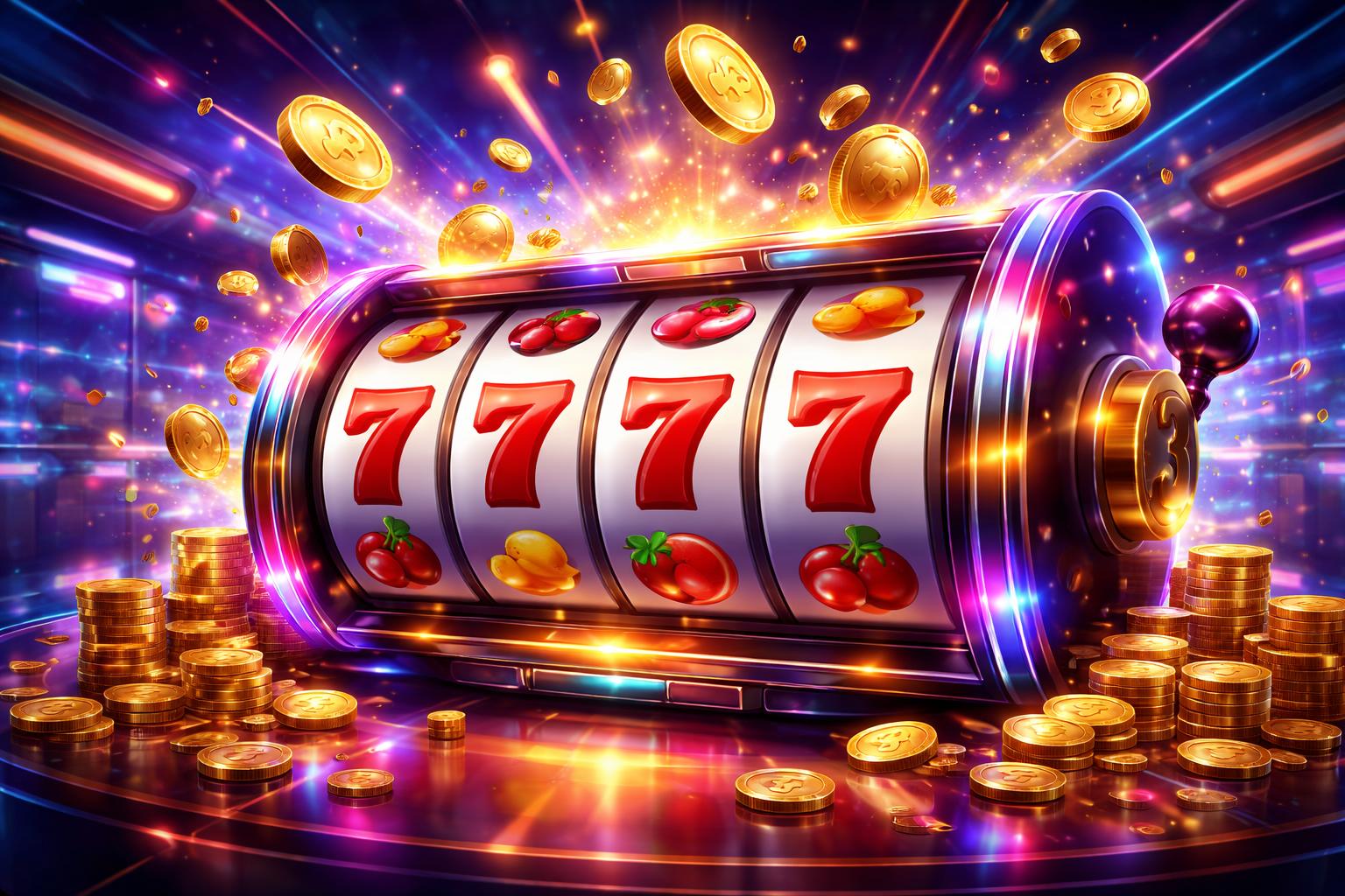 Sebuah mesin slot digital berwarna-warni dengan gulungan berputar dan simbol-simbol klasik, dikelilingi lampu neon dan efek animasi di latar kasino futuristik.