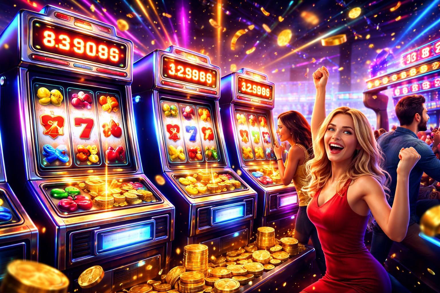 Adegan kasino futuristik dengan mesin slot berwarna-warni dan pemain yang sedang merayakan kemenangan.