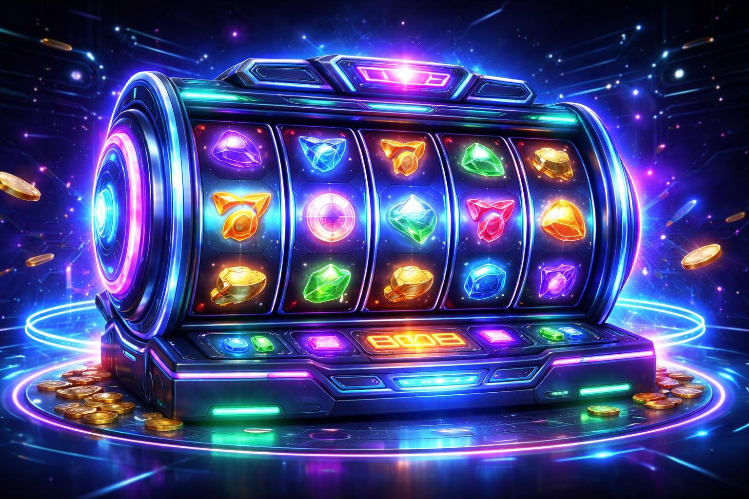 Mesin slot online futuristik dengan lampu neon berwarna biru, ungu, dan hijau di lingkungan gelap dengan pola sirkuit dan partikel digital mengambang.