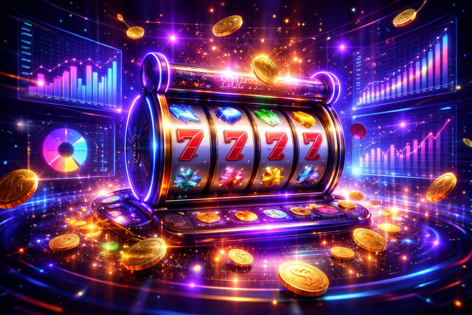 Tampilan mesin slot online dengan gulungan berputar dan grafik tren popularitas permainan slot tahun 2026.