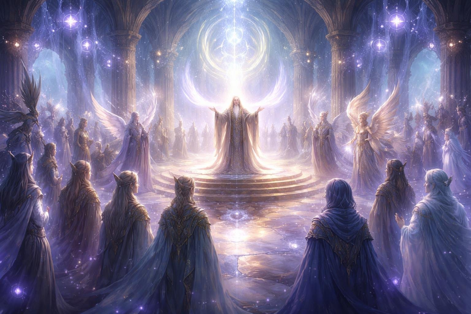 Une grande salle lumineuse avec un orateur majestueux au centre, entouré de messagers fantastiques unis dans une ambiance magique et sereine.