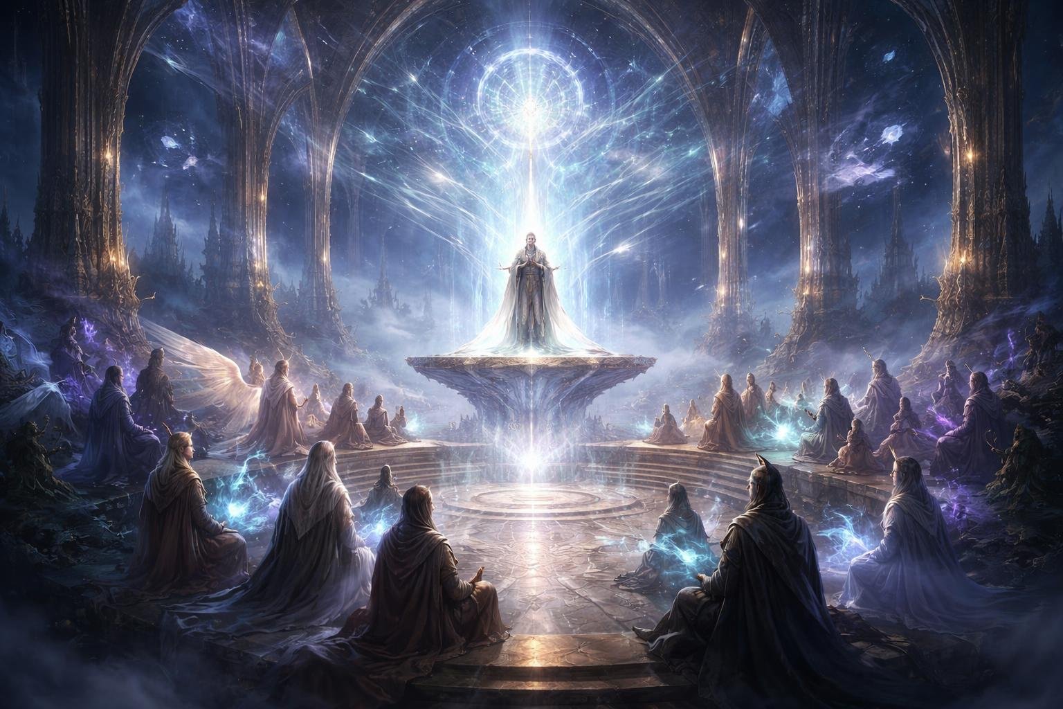 Une scène montrant une réunion mystique dans une grande salle lumineuse avec un orateur au centre entouré de messagers fantastiques, dans une ambiance d'isolement et de rupture des communications.