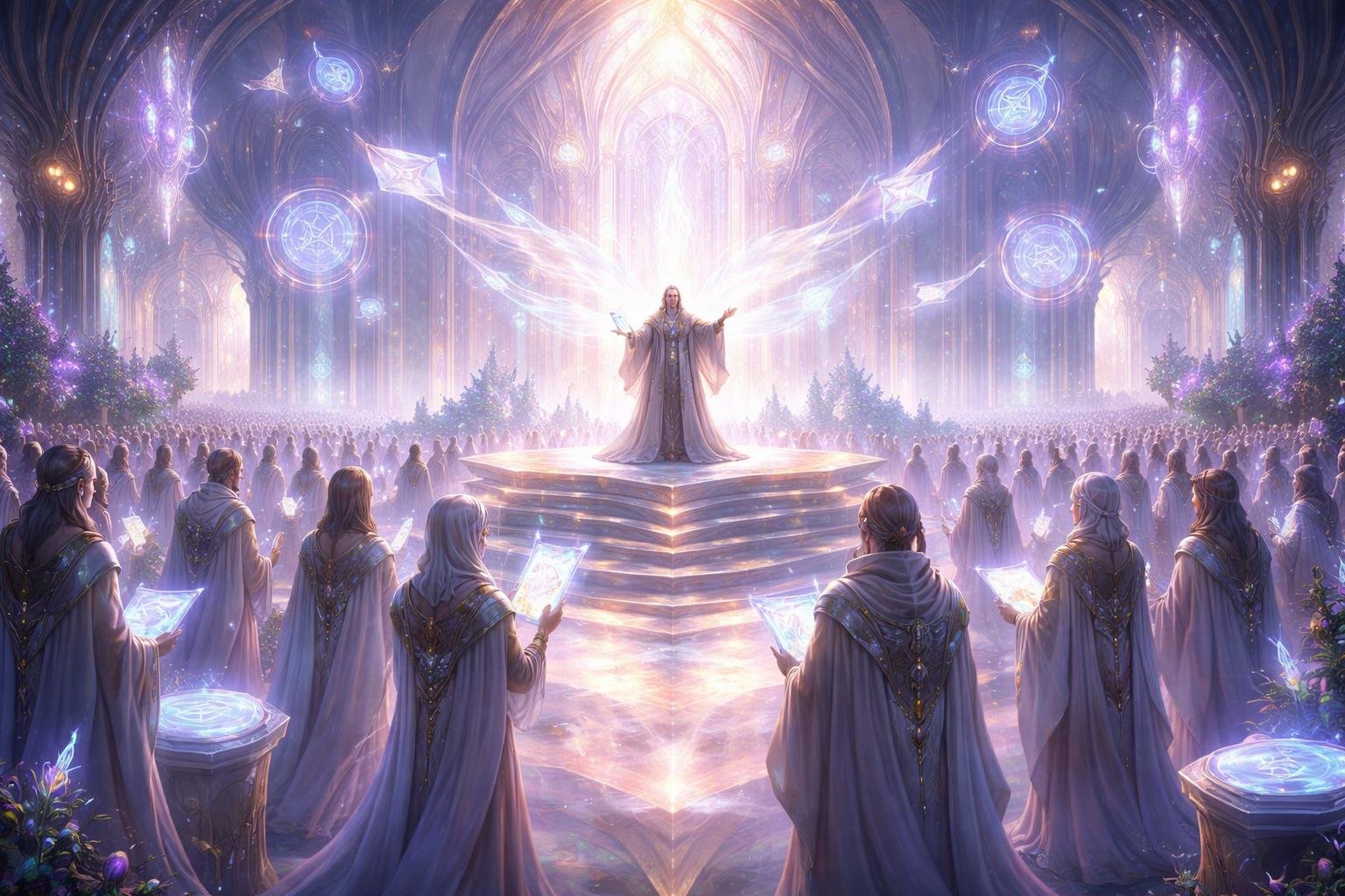 Une assemblée de messagers écoute un orateur debout sur une plateforme dans une grande salle lumineuse aux structures cristallines, symbolisant leur rôle important dans la société.