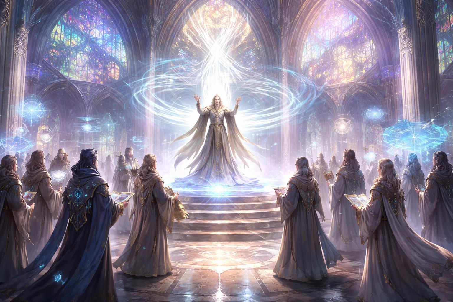 Une grande salle lumineuse avec un orateur au centre entouré de messagers en robes, préparant une mission importante.