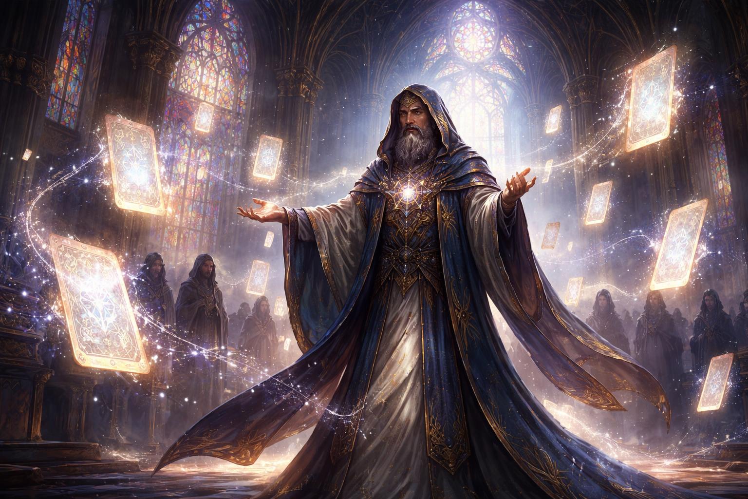 Un personnage mystique dans une grande salle ancienne entouré de cartes lumineuses flottantes, avec des silhouettes en arrière-plan suggérant une alliance secrète.