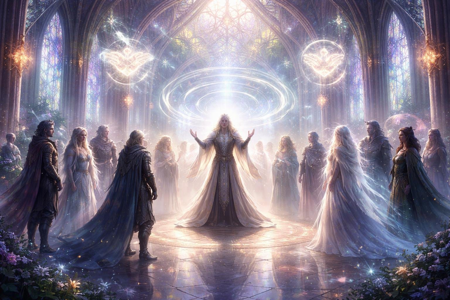 Un groupe de messagers mystiques réunis en cercle dans une grande salle lumineuse, symbolisant la coopération et la création d’alliances, avec une figure centrale qui parle et une ambiance paisible et solennelle.