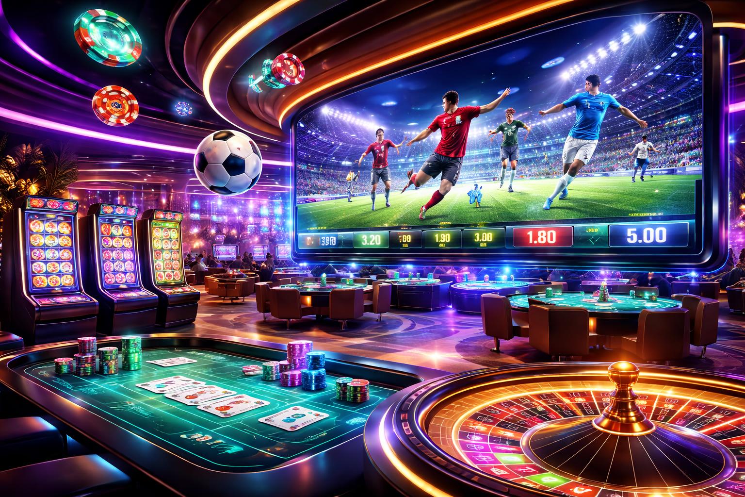 Pemandangan kasino online dan taruhan bola dengan mesin slot, meja poker, roda roulette, dan layar pertandingan sepak bola yang hidup.