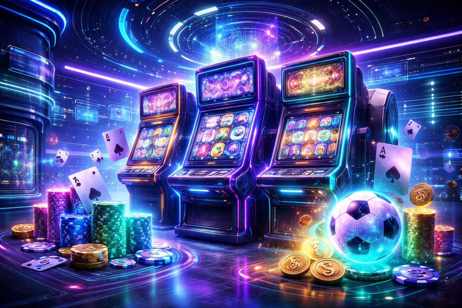 Pemandangan mesin slot futuristik di kasino modern dengan elemen permainan kasino dan bola yang mengelilingi, menampilkan suasana permainan online tahun 2026.