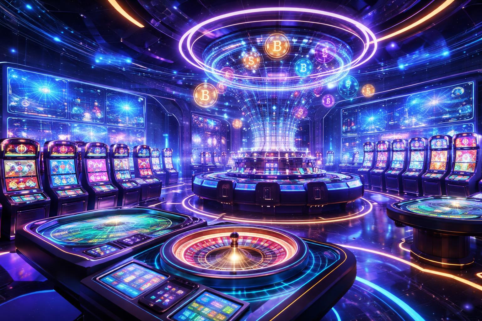 Suasana kasino digital futuristik dengan mesin slot, meja kartu, dan roda roulette virtual dikelilingi oleh tampilan holografik dan lampu neon.