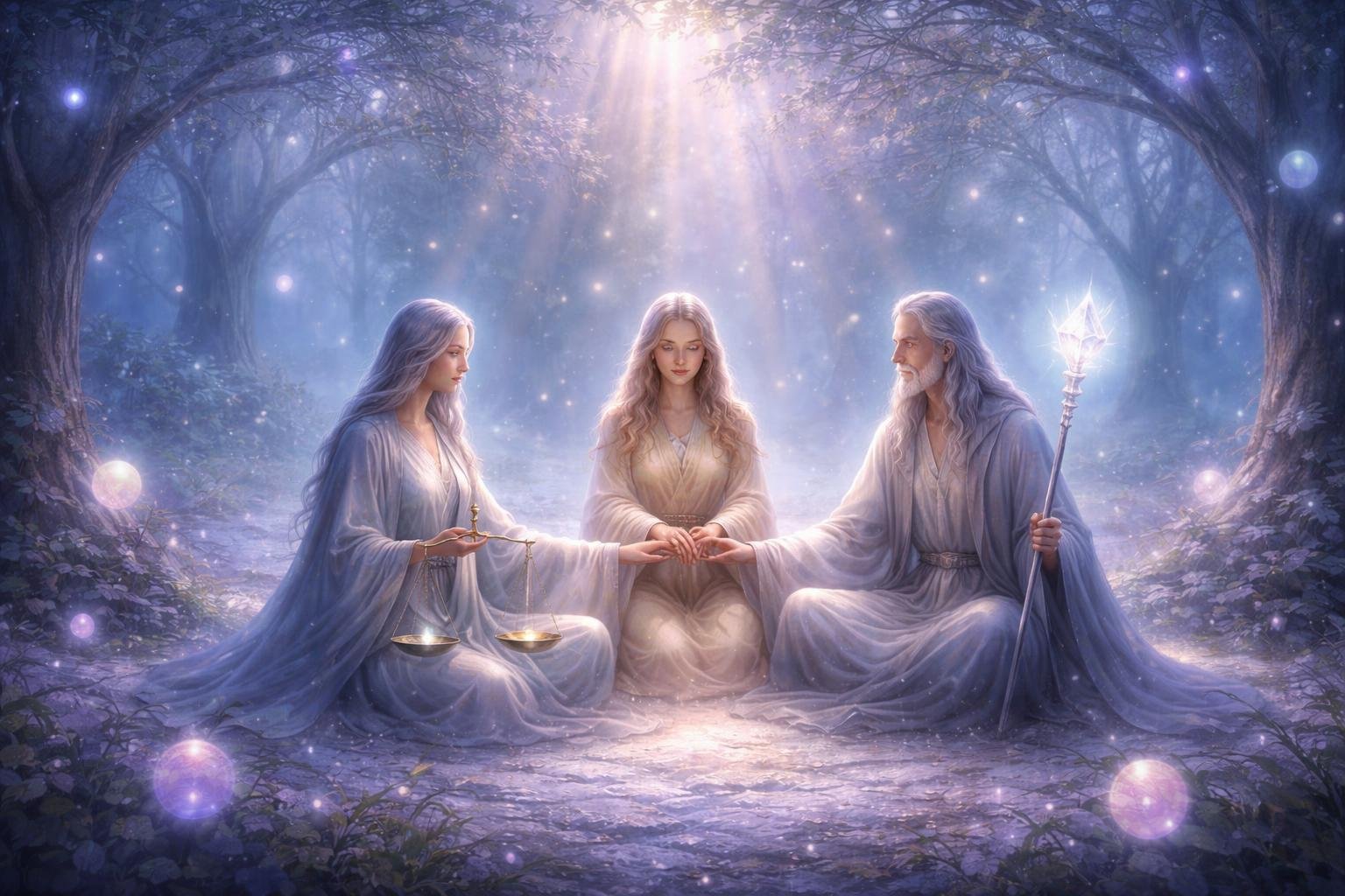 Trois figures assises en cercle dans une clairière lumineuse entourée d’arbres translucides et d’orbes flottants, symbolisant la solitude et la connexion entre professionnels des chiffres.