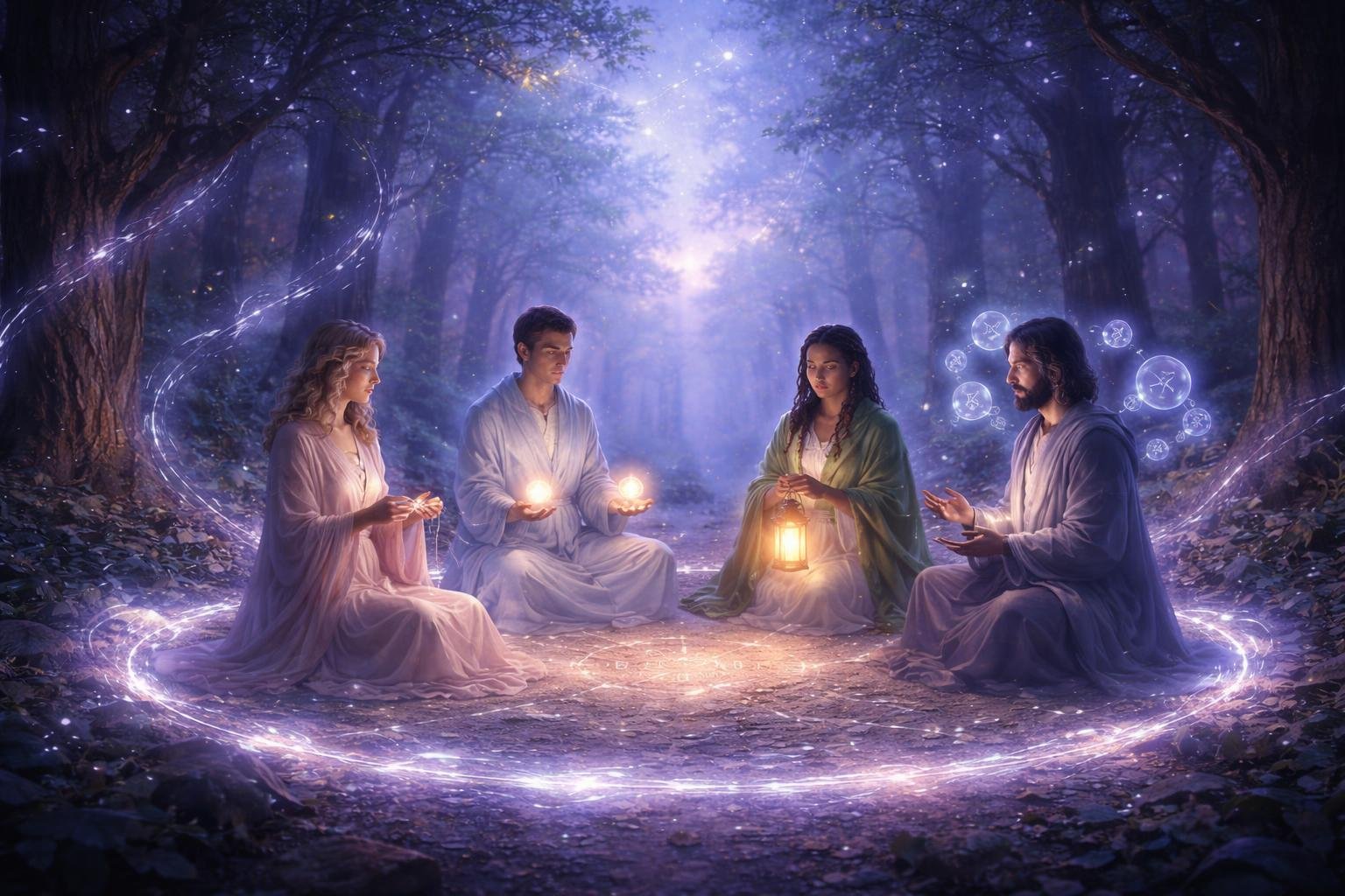 Quatre figures symboliques assises en cercle lumineux dans une clairière forestière, chacune représentant un rôle d'accompagnement, entourées de lumières douces et d'arbres anciens.