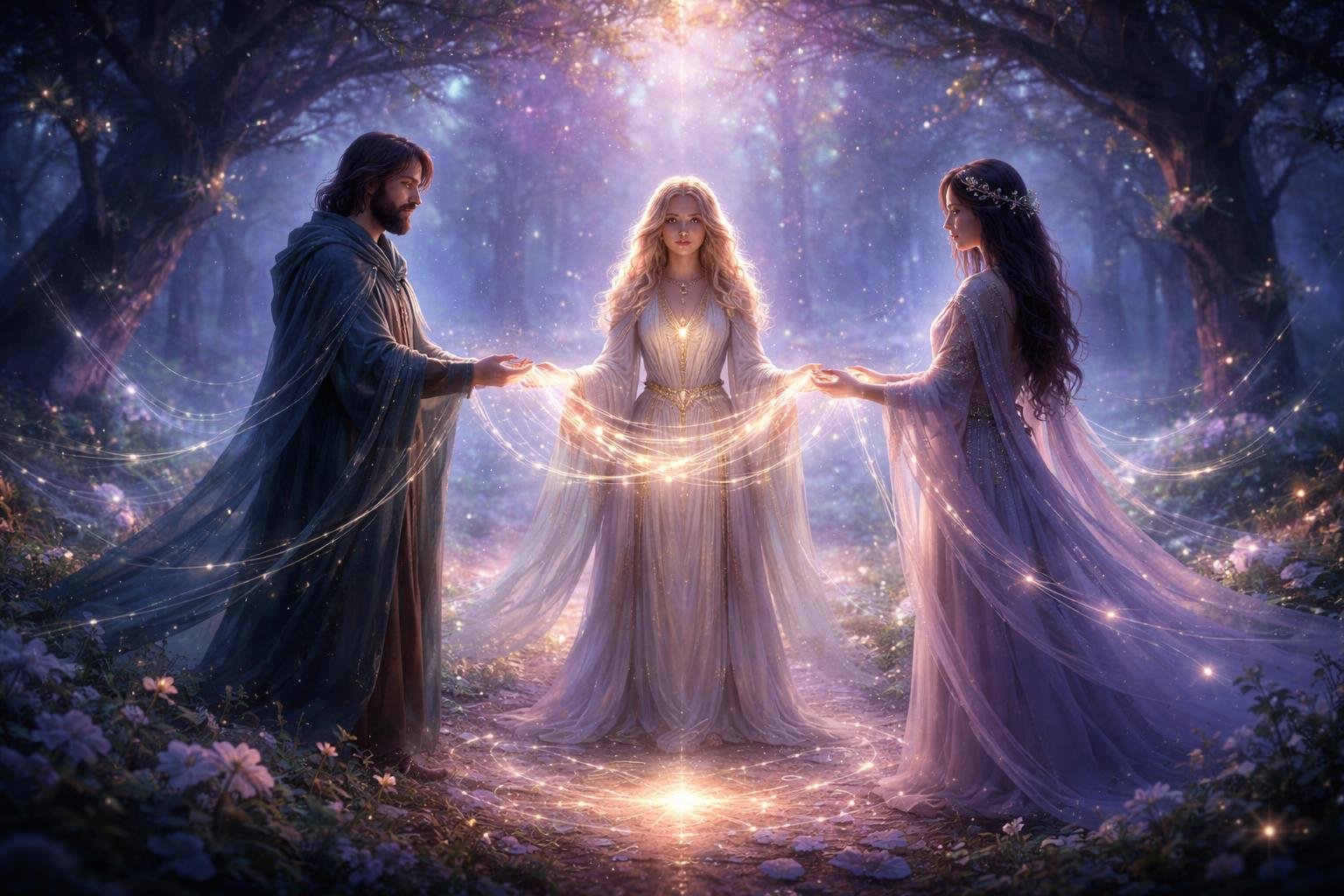 Trois personnes debout en cercle dans une clairière forestière au crépuscule, leurs mains tissent des liens lumineux symbolisant la connexion émotionnelle et le soutien mutuel.