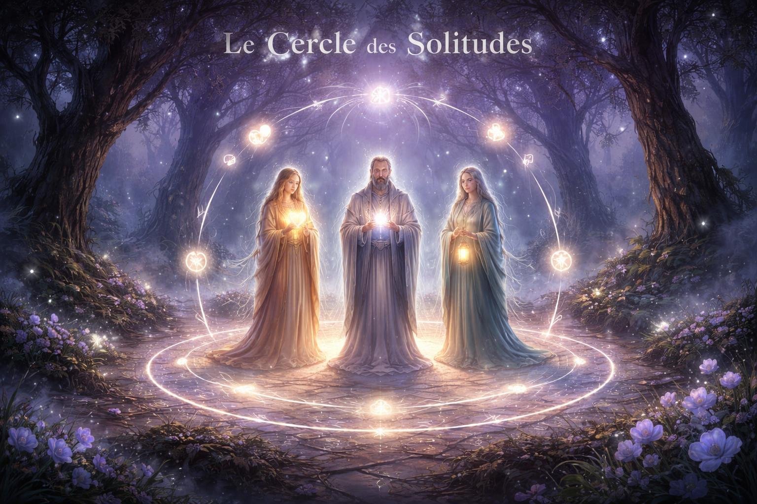 Trois figures lumineuses debout en cercle dans une forêt enchantée au crépuscule, entourées de runes brillantes et d'orbes flottants, symbolisant le soutien et la médiation.