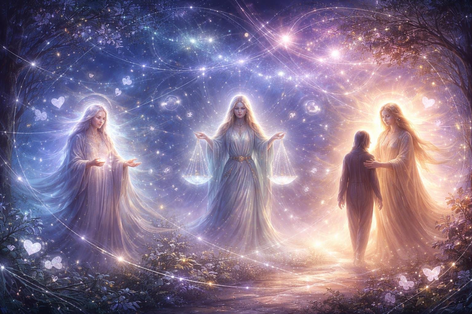 Trois figures mystiques représentant un conseiller conjugal, un médiateur et un accompagnant, entourées de fils lumineux connectant des orbes dans une forêt lumineuse sous un ciel étoilé.