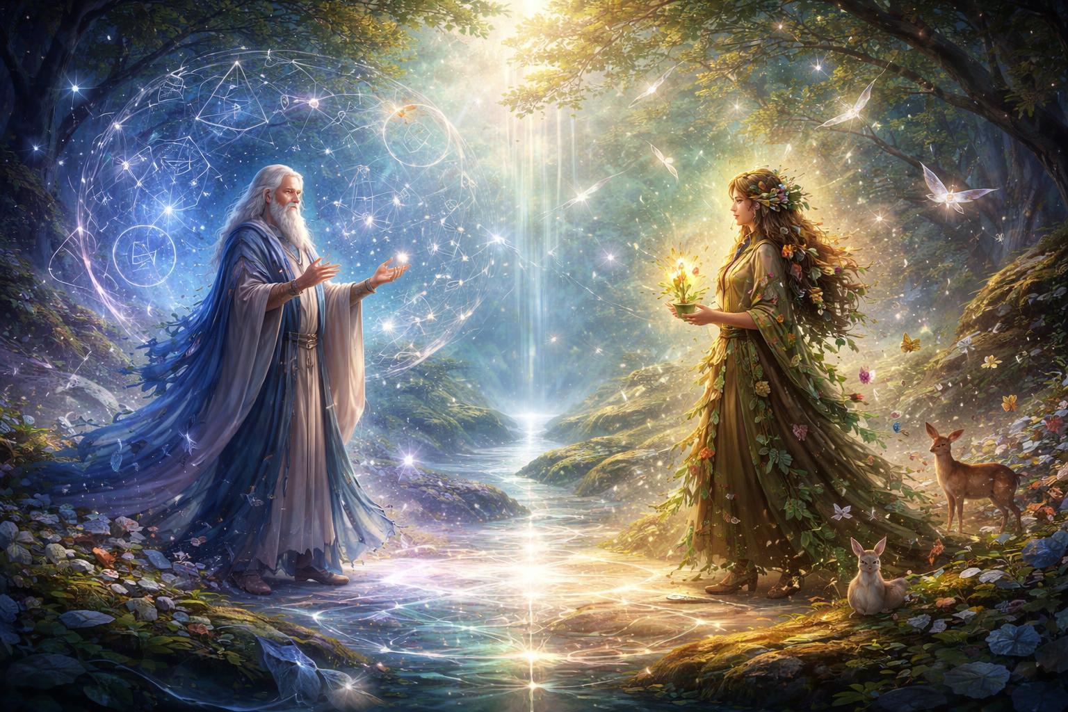 Deux personnages, un mathématicien entouré de formes géométriques lumineuses et un écologiste avec des feuilles et des animaux, se tiennent face à face dans un paysage naturel et lumineux symbolisant l'équilibre.