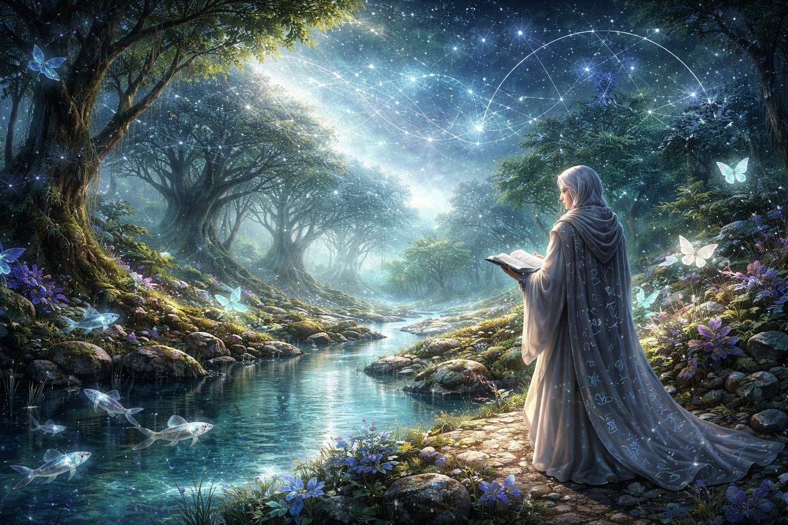 Un mathématicien observe un écosystème fantastique où la nature et les éléments mathématiques se mêlent harmonieusement sous une lumière douce et mystérieuse.