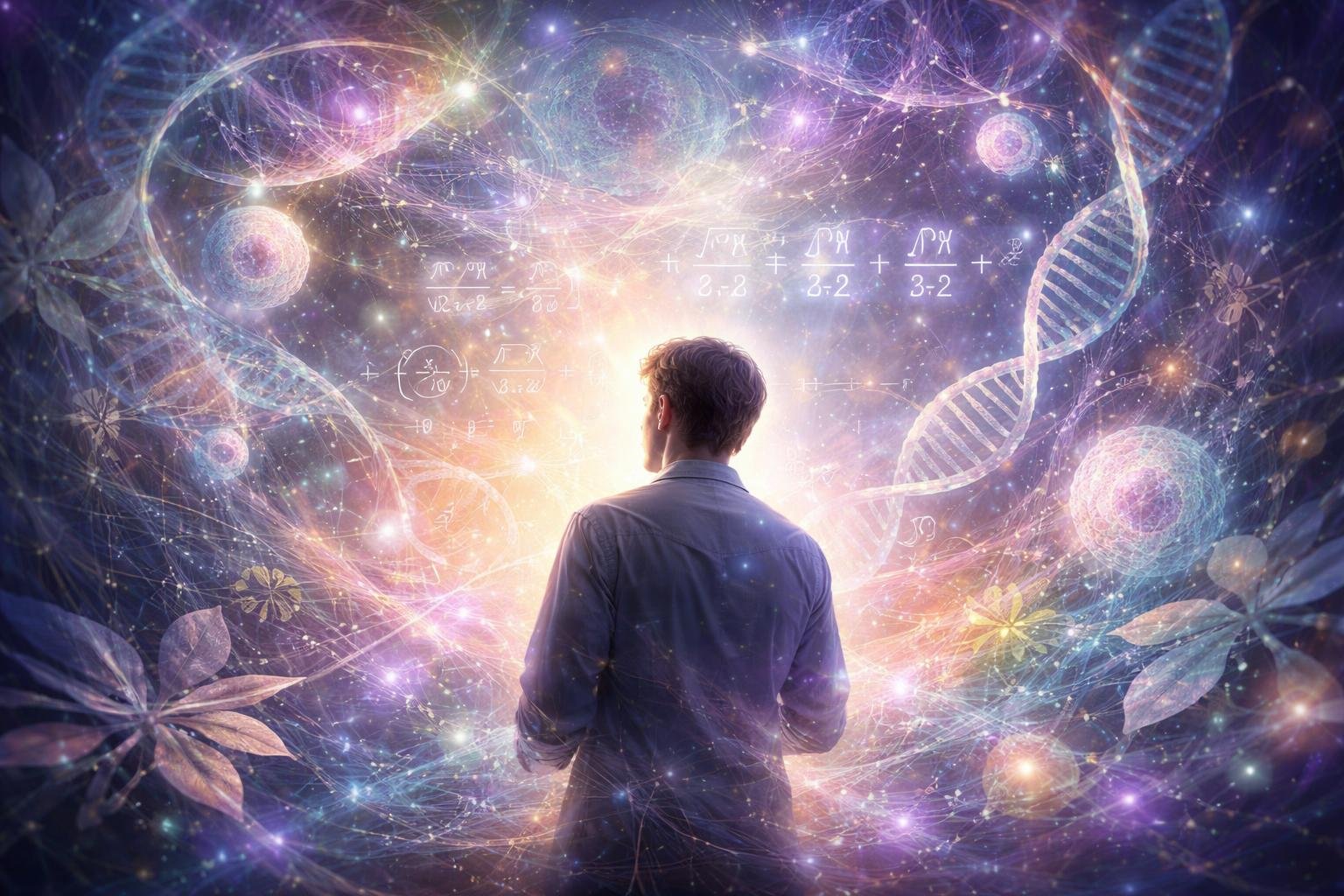 Un mathématicien entouré d'équations lumineuses et d'éléments biologiques flottants, dans un paysage abstrait mêlant formes mathématiques et formes organiques.